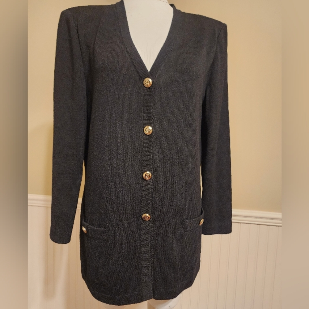 St. John Collection Santana Knit Black Cardigan with Gold Enameled Buttons